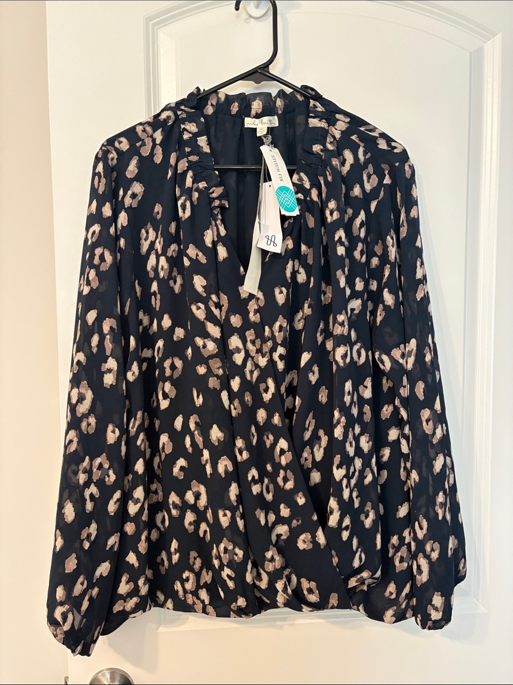 nine britton Black and Beige Leopard-Print Wrap Blouse